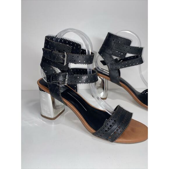 $169 DOLCE VITA ELKA Sz 8.5 Black Perforated Leather Designer Bloc Heels Sandals - Picture 6 of 12